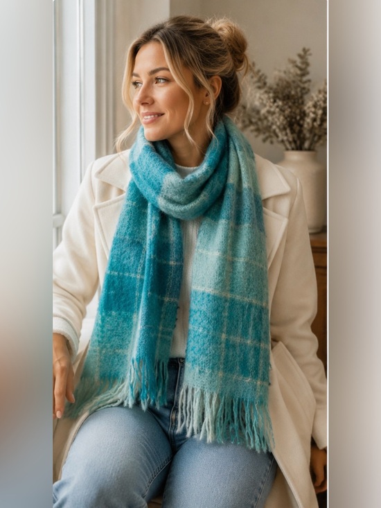 Archie Brown Accessories - Vintage Made in Scotland 70% Mohair 30% Wool Plaid Fringe Scarf Turquoise Teal